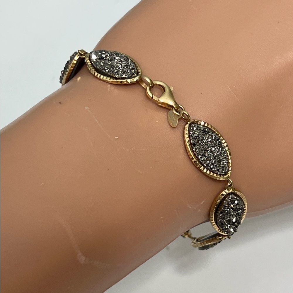 Estate Vintage Milor 14k Yellow Gold Marquise Druzy Link Bracelet Italy 7.5”